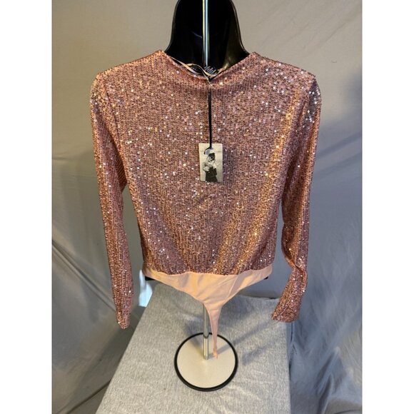 NWT Sincerely Jules Pink Sequins Bodysuit Long SLeeve Vneck Womens Small S - Picture 3 of 3